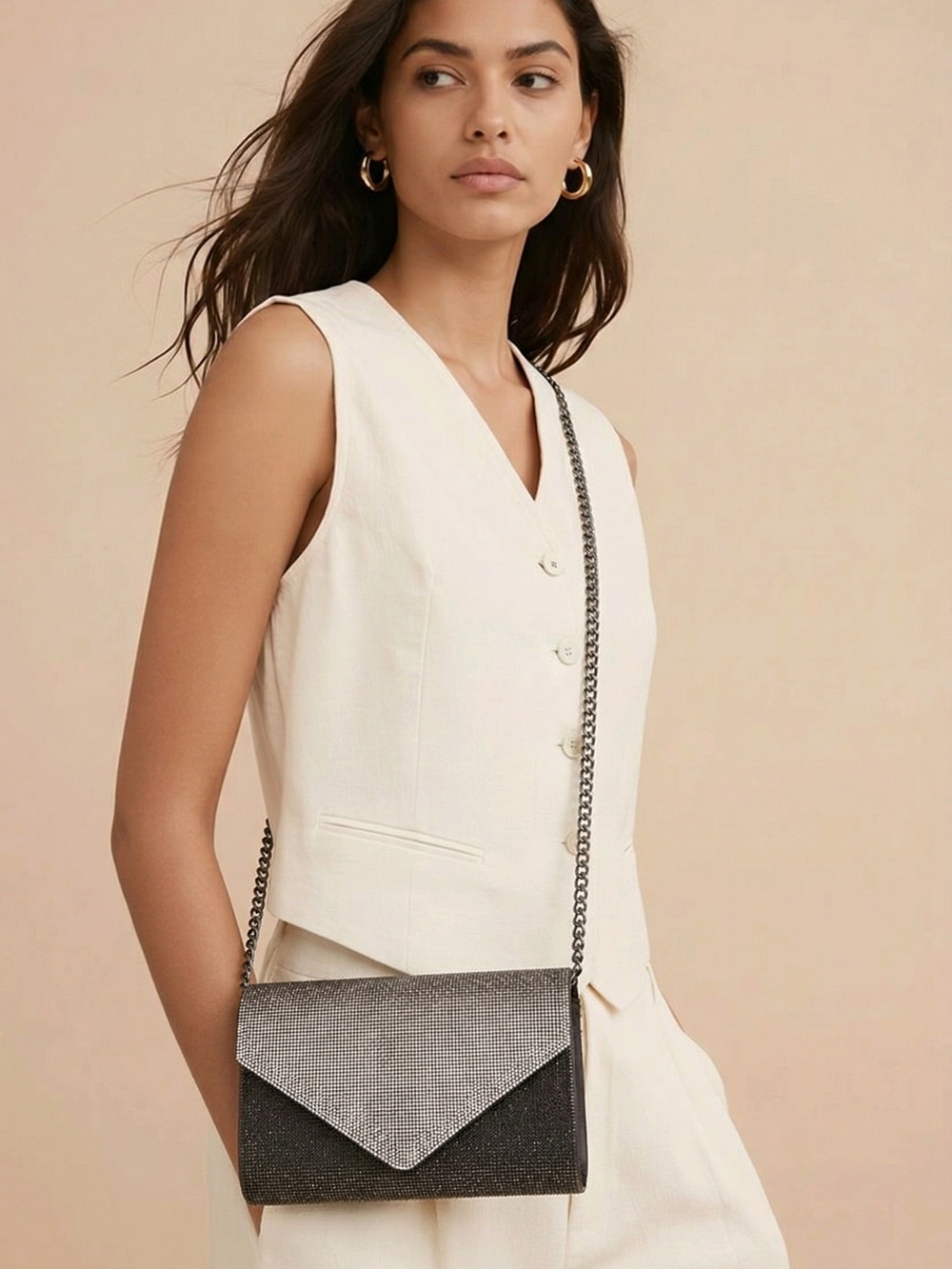 ALDO Rhinestone Envelope Clutch | Black & Silver Evening Bag w/ Chain
